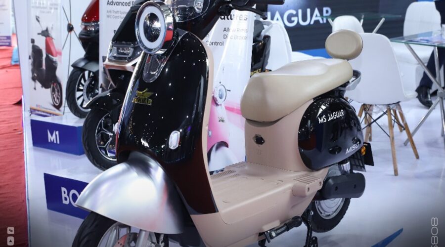 Close-up view of MS Jaguar M1 electric bike launched at EVS World 2025