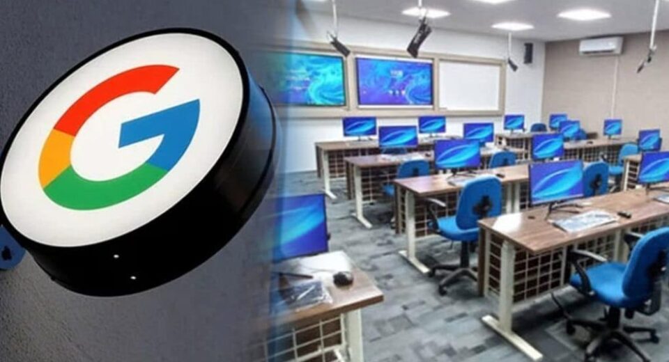 "Students in a government school in Punjab using smart classroom technology, including smart boards and digital learning tools.