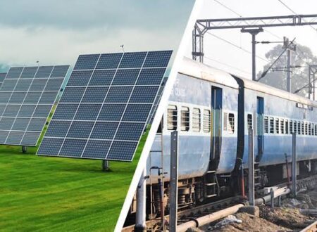 Pakistan Railways eco‑friendly train coach with solar panels on the roof, operating at a major station like Lahore Junction, illuminated by solar‑powered LEDs.